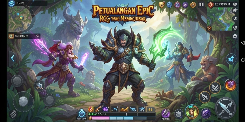 Tangkapan layar gameplay EE789 menampilkan pertempuran epik dan eksplorasi dunia RPG yang kaya.