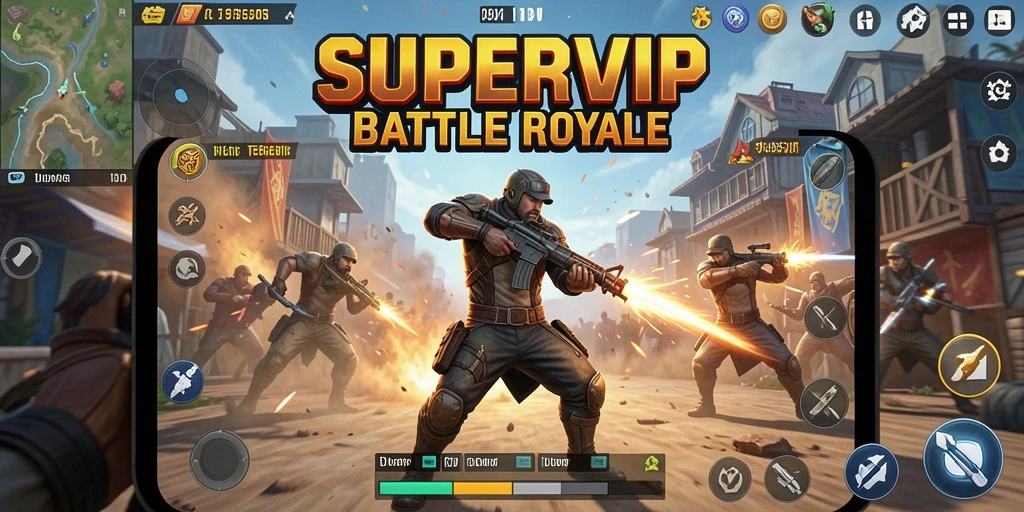 Screenshot utama SUPERVIP menampilkan gameplay Battle Royale yang mendebarkan.